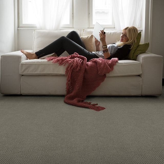 person relaxing on couch in living room with gray carpet from Excel Carpet LTD in the Commack, NY area